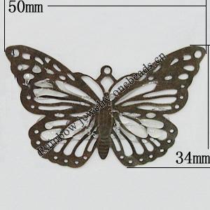 Iron Jewelry Finding Pendant Lead-free, Butterfly 50x34mm Hole:1.5mm, Sold by Bag