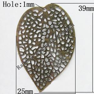 Iron Jewelry Finding Pendant Lead-free, Leaf 39x25mm Hole:1mm, Sold by Bag