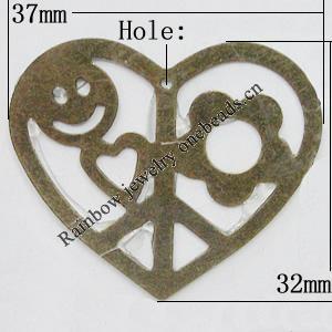 Iron Jewelry Finding Pendant Lead-free, Heart 37x32mm Hole:1mm, Sold by Bag