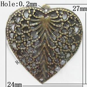 Iron Jewelry Finding Pendant Lead-free, Heart 27x24mm Hole:0.2mm, Sold by Bag