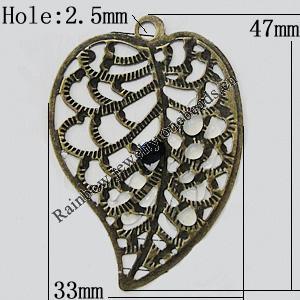 Iron Jewelry Finding Pendant Lead-free, Leaf 47x33mm Hole:2.5mm, Sold by Bag