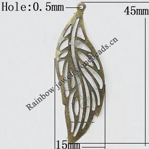 Iron Jewelry Finding Pendant Lead-free, Leaf 45x15mm Hole:0.5mm, Sold by Bag
