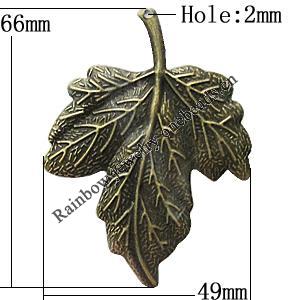 Iron Jewelry Finding Pendant Lead-free, Leaf 66x49mm Hole:2mm, Sold by Bag