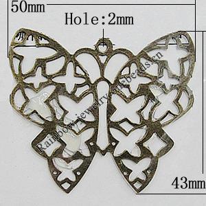 Iron Jewelry Finding Pendant Lead-free, Butterfly 50x43mm Hole:2mm, Sold by Bag
