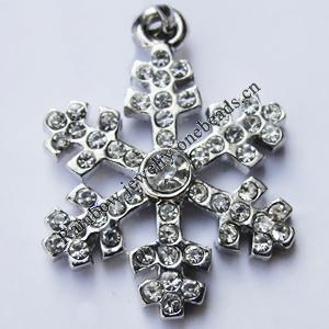 Zinc Alloy Charm/Pendant with Crystal, Nickel-free & Lead-free Snowflake 22x16mm Hole:2mm, Sold by PC  