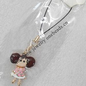 Mobile Decoration, Zinc Alloy Pendat, Girl, Pendant: about 24mm wide, Rope: about 6cm, Sold by Dozen