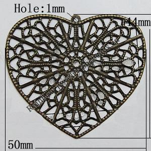 Iron Jewelry Finding Pendant Lead-free, Heart 50x44mm Hole:1mm, Sold by Bag