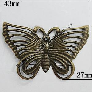 Iron Jewelry Finding Pendant Lead-free, Butterfly 43x27mm, Sold by Bag