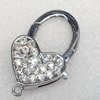 Zinc Alloy Lobster Claws, Heart with Rhinestone, About 25mm wide, 40mm long, Hole: 2mm, Sold by PC