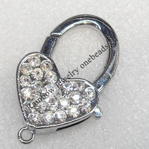 Zinc Alloy Lobster Claws, Heart with Rhinestone, About 25mm wide, 40mm long, Hole: 2mm, Sold by PC