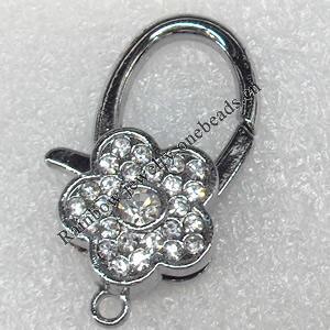 Zinc Alloy Lobster Claws, Flower with Rhinestone, About 20mm wide, 32mm long, Hole: 2mm, Sold by PC