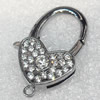 Zinc Alloy Lobster Claws, Heart with Rhinestone, About 20mm wide, 32mm long, Hole: 2mm, Sold by PC