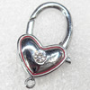 Zinc Alloy Lobster Claws, Heart with Rhinestone, About 20mm wide, 32mm long, Hole: 2mm, Sold by PC