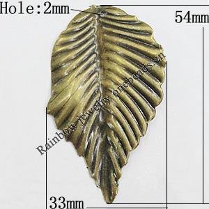 Iron Jewelry Finding Pendant Lead-free, Leaf 54x33mm Hole:2mm, Sold by Bag