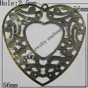 Iron Jewelry Finding Pendant Lead-free, Heart 56x56mm Hole:2.5mm, Sold by Bag