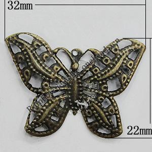 Iron Jewelry Finding Pendant Lead-free, Butterfly 32x22mm, Sold by Bag