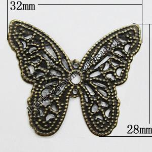 Iron Jewelry Finding Beads Lead-free, Butterfly 28x32mm Hole:2.5mm, Sold by Bag