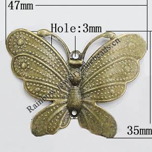 Iron Jewelry Finding Pendant Lead-free, Butterfly 47x35mm Hole:3mm, Sold by Bag