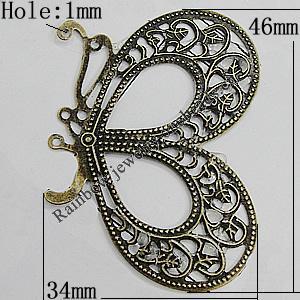 Iron Jewelry Finding Pendant Lead-free, Butterfly 46x34mm Hole:1mm, Sold by Bag