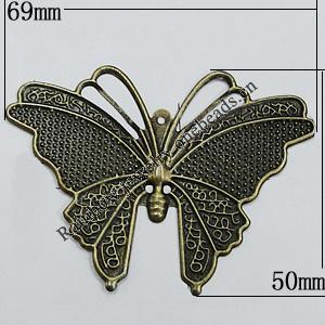 Iron Jewelry Finding Pendant Lead-free, Butterfly 69x50mm Hole:1mm, Sold by Bag