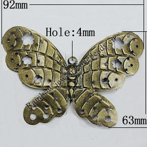 Iron Jewelry Finding Pendant Lead-free, Butterfly 92x63mm Hole:4mm, Sold by Bag
