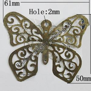 Iron Jewelry Finding Pendant Lead-free, Butterfly 61x50mm Hole:2mm, Sold by Bag