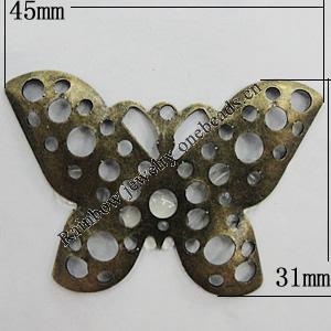 Iron Jewelry Finding Connectors Lead-free, Butterfly 45x31mm Hole:2mm, Sold by Bag