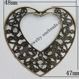 Iron Jewelry Finding Pendants Lead-free, Heart 47x48mm Hole:1mm, Sold by Bag