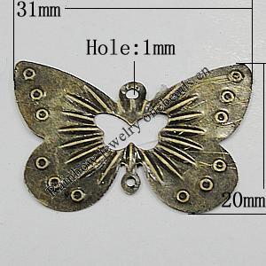 Iron Jewelry Finding Connectors Lead-free, Butterfly 31x20mm Hole:1mm, Sold by Bag