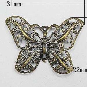 Iron Jewelry Finding Connectors Lead-free, Butterfly 31x22mm Hole:0.5mm, Sold by Bag