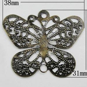Iron Jewelry Finding Connectors Lead-free, Butterfly 38x31mm Hole:3mm, Sold by Bag
