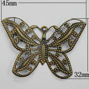 Iron Jewelry Finding Connectors Lead-free, Butterfly 45x32mm Hole:1mm, Sold by Bag