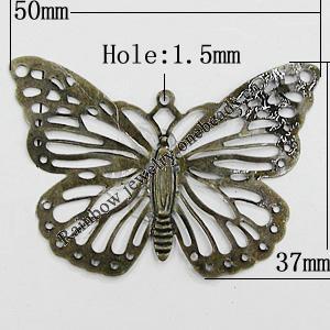 Iron Jewelry Finding Pendant Lead-free, Butterfly 50x37mm Hole:1.5mm, Sold by Bag