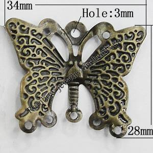 Iron Jewelry Finding Connectors Lead-free, Butterfly 28x34mm Hole:3mm, Sold by Bag