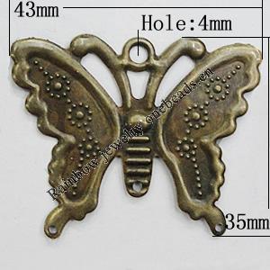 Iron Jewelry Finding Connectors Lead-free, Butterfly 43x35mm Hole:4mm, Sold by Bag