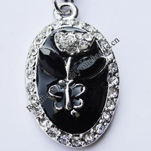 Zinc Alloy Enamel Charm/Pendant with Crystal, Nickel-free & Lead-free, A Grade  Flat Oval with Flower 24x14mm Hole:2mm, 