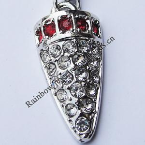 Zinc Alloy Charm/Pendant with Crystal, Nickel-free & Lead-free, A Grade 23x10mm Hole:2mm, Sold by PC  