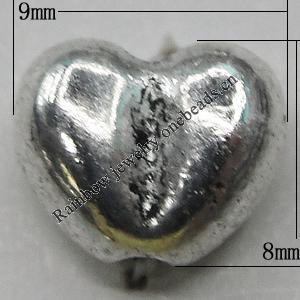 Bead Zinc Alloy Jewelry Findings Lead-free, Heart 9x8mm Hole:1mm, Sold by Bag