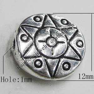 Bead Zinc Alloy Jewelry Findings Lead-free, 12mm, Hole:1mm, Sold by Bag