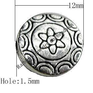 Bead Zinc Alloy Jewelry Findings Lead-free, 12mm, Hole:1.5mm, Sold by Bag