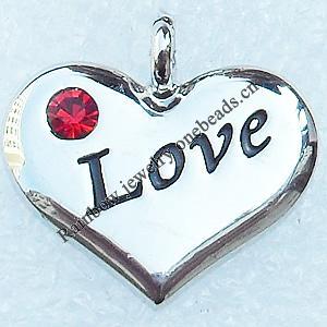 Zinc Alloy Charm/Pendant with Crystal, Nickel-free & Lead-free, A Grade Heart 27x19mm, Sold by PC  