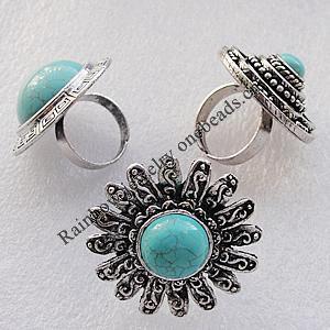 Alloy Rings With Turquoise, 29x26mm-37mm, Sold by Box
