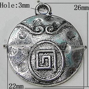 Pendant Zinc Alloy Jewelry Findings Lead-free, Flat Round 22x26mm Hole:3mm, Sold by Bag