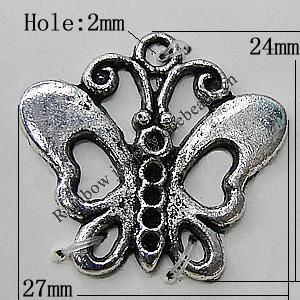 Pendant Zinc Alloy Jewelry Findings Lead-free, Butterfly 24x27mm Hole:2mm, Sold by Bag