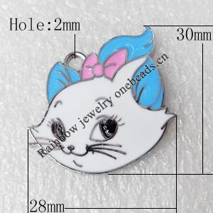 Zinc Alloy Enamel Pendant, Animal Head, 28x30mm, Hole:2mm, Sold by PC 