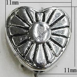 Beads Zinc Alloy Jewelry Findings Lead-free, Heart 11x11mm Hole:1mm, Sold by Bag