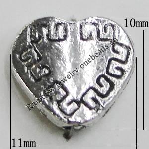 Beads Zinc Alloy Jewelry Findings Lead-free, Heart 11x10mm Hole:1mm, Sold by Bag