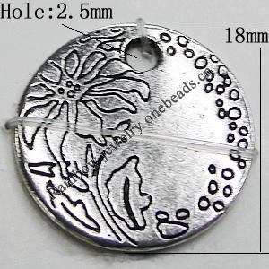 Pendant Zinc Alloy Jewelry Findings Lead-free, Flat Round 18mm Hole:2.5mm, Sold by Bag