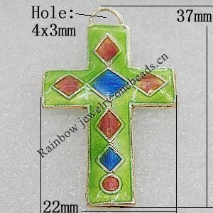 Cloisonne Pendants, Cross 37x22mm Hole:4x3mm, Sold by PC