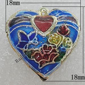Cloisonne Pendants, Heart 18x18mm Hole:1mm, Sold by PC